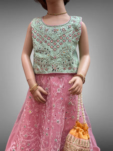 Silk & Net Embroidered Flamingo Pink With Mint Green Children Lehenga Set