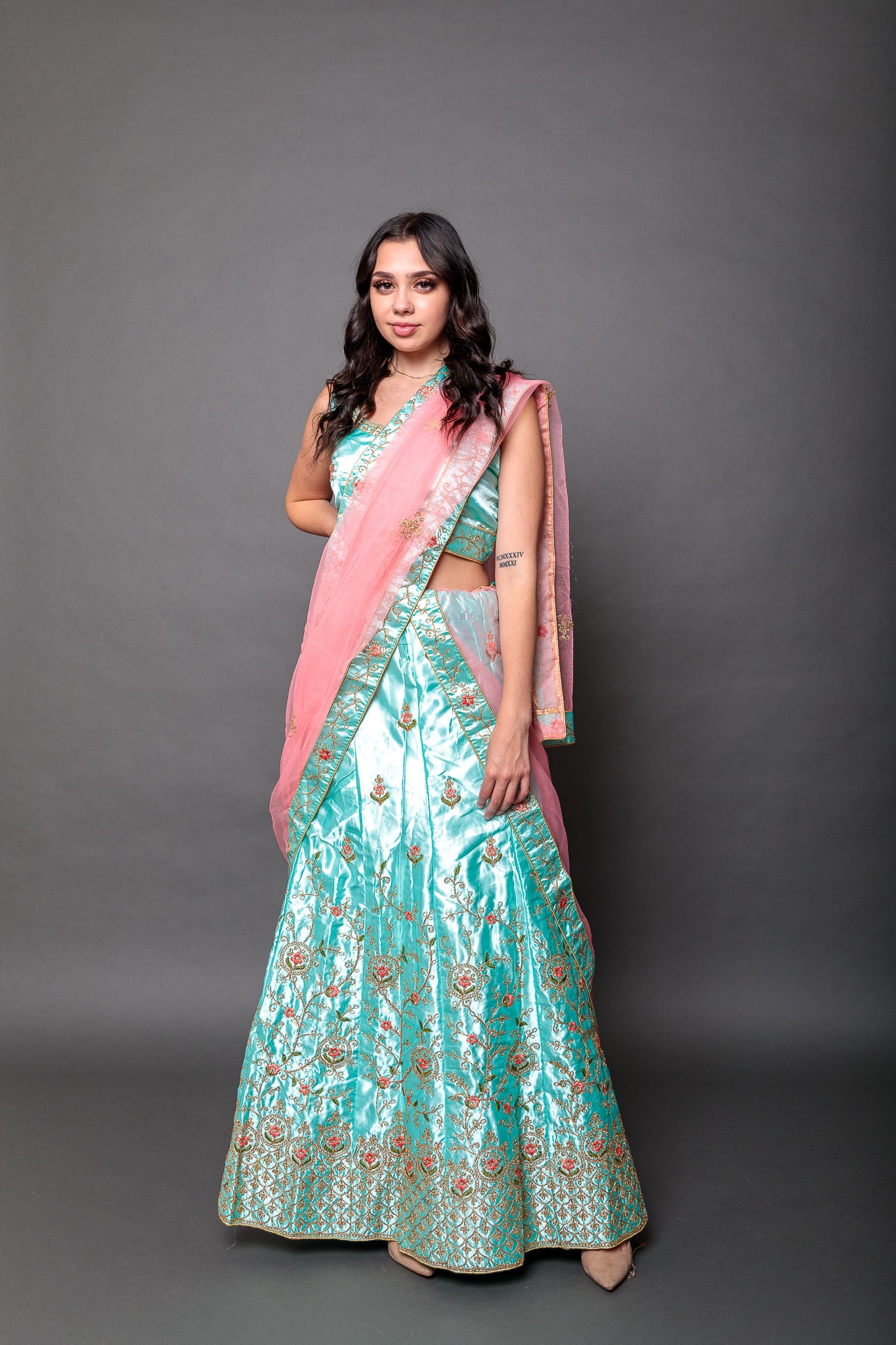 FABPIXEL Teal & Pink Embroidered Thread Work Semi-Stitched Lehenga &  Unstitched Blouse With Dupatta - Absolutely Desi