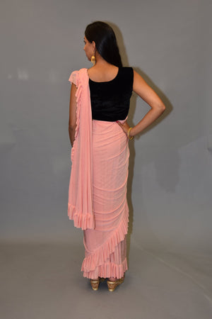 Buy Vintage Pink Ruffle Saree With Velvet Blouse for Women Online @ Tata  CLiQ Luxury