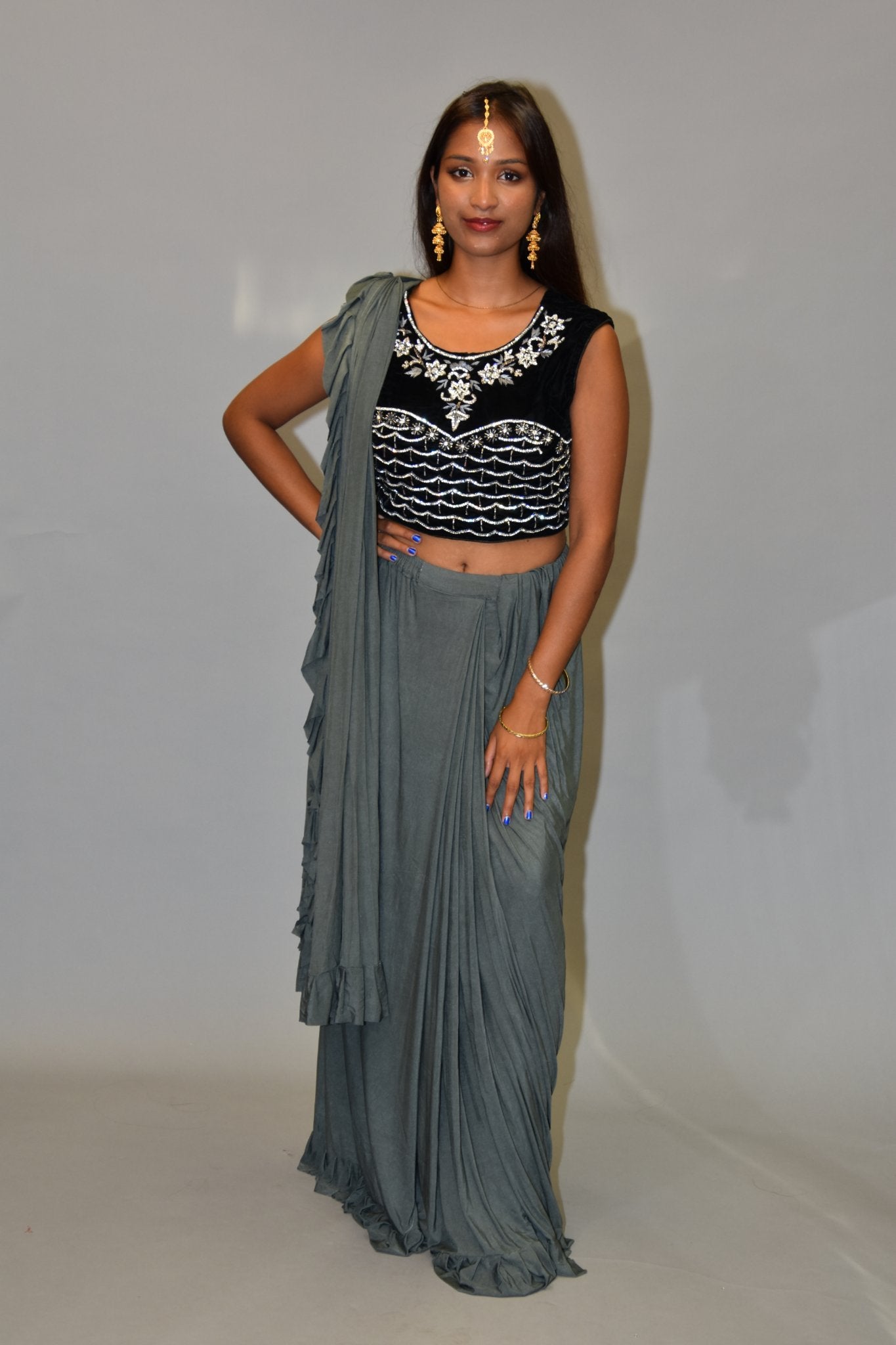 Grey Lycra Ruffle Saree | Ruffle saree, Indian fashion online, Saree designs