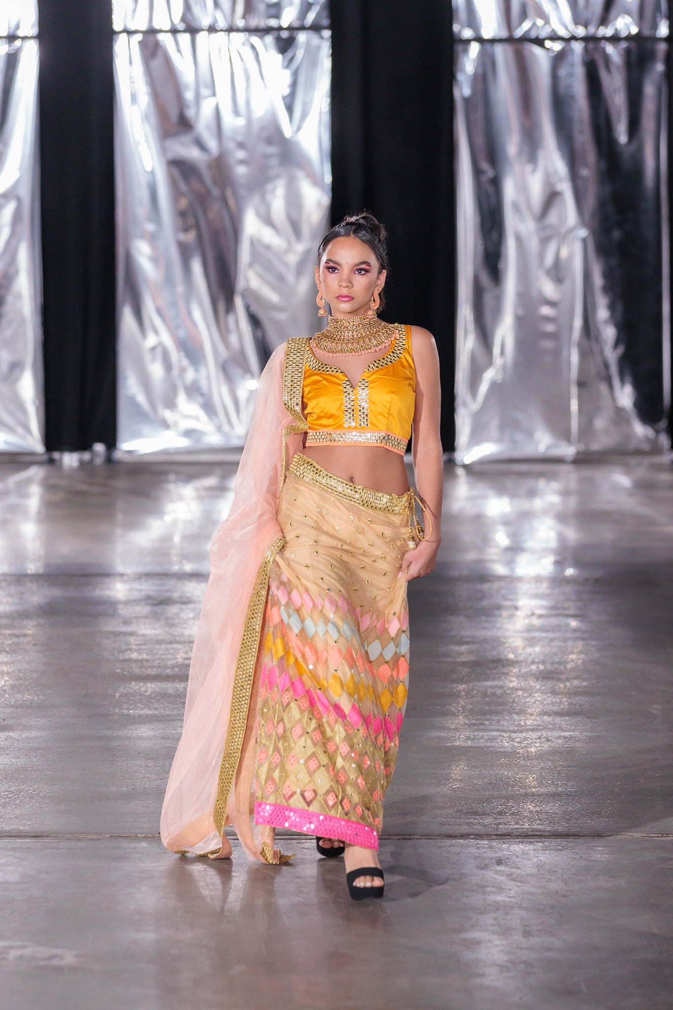 Silk Embroidered Latte Gold With Fire Yellow And Multicolor Lehenga Se –  Heritage India Fashions