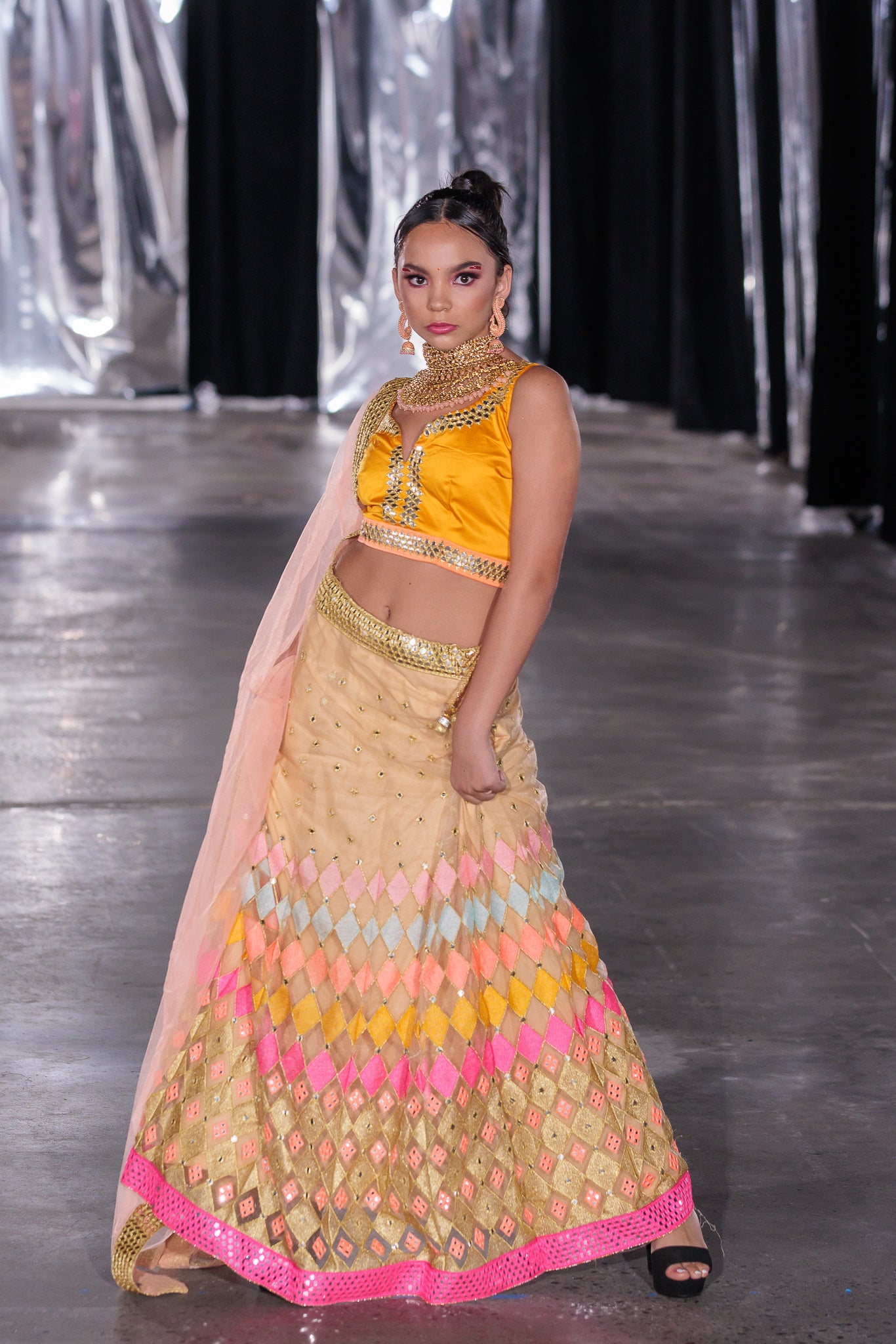 Buy Yellow Chinnon Mirror sequins and Printed work Party wear lehenga –  Gunj Fashion