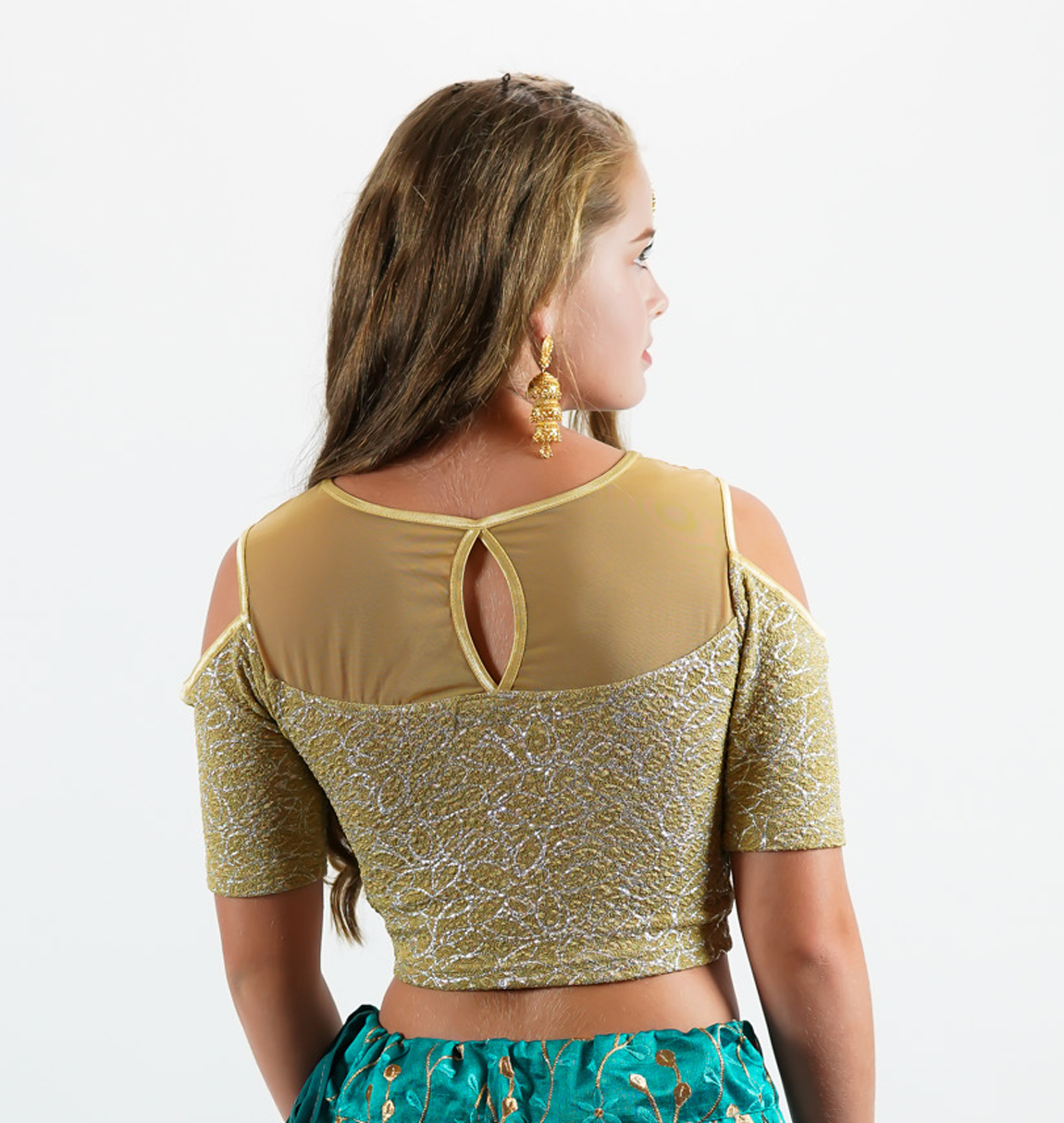 Elegant Laguna Gold Stretchy Crop Top With Cold Cut Shoulder