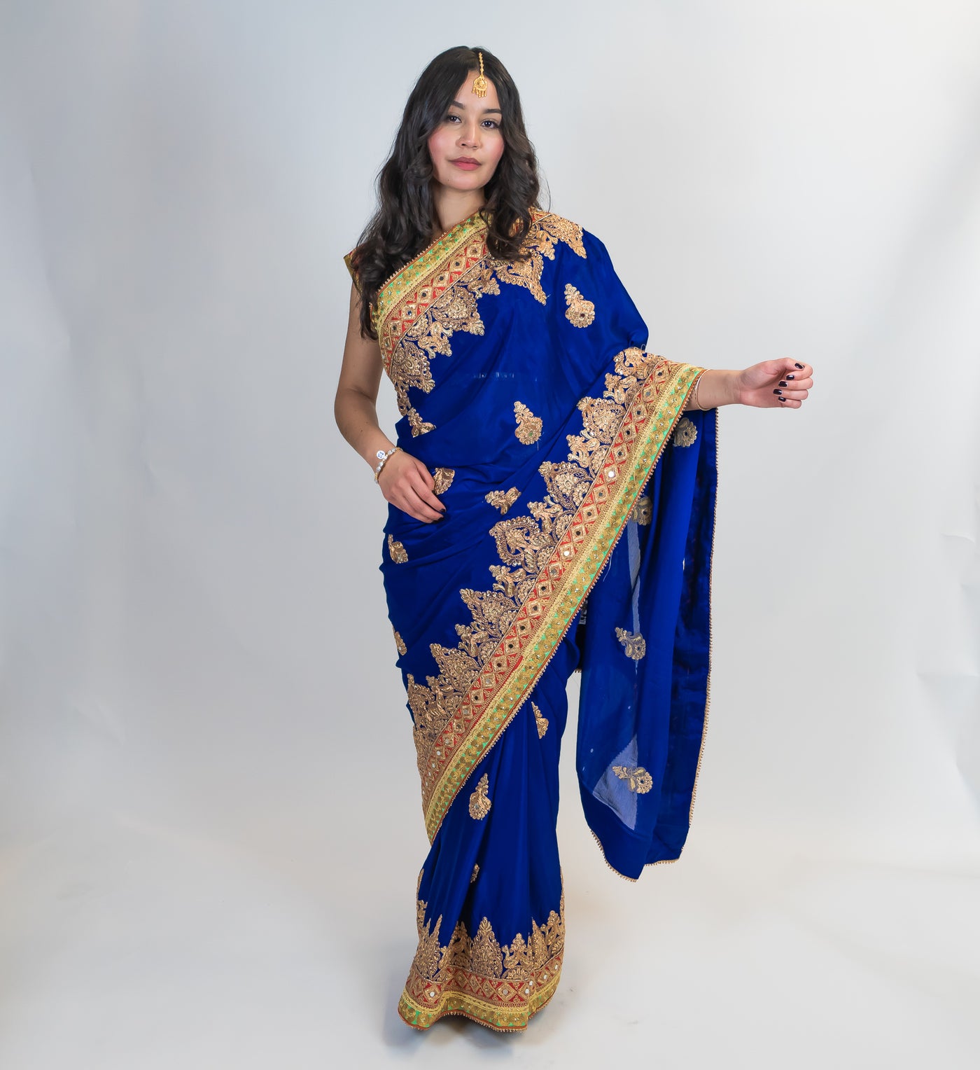 royal blue and gold saree