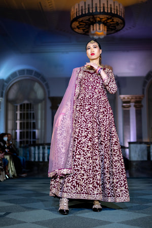 Soft Velvet Mulberry Burgundy Embroidered Gown – Heritage India