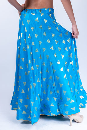 Blue georgette readymade lehenga features intricately embroidered crop top,  sparkling sequin skirt & net ruffle dupatta