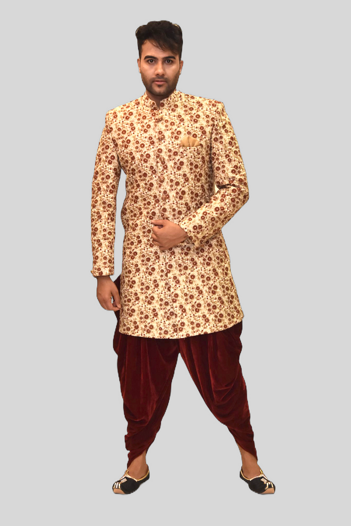 Peach Raw Silk Sherwani with Embroidered Jacket