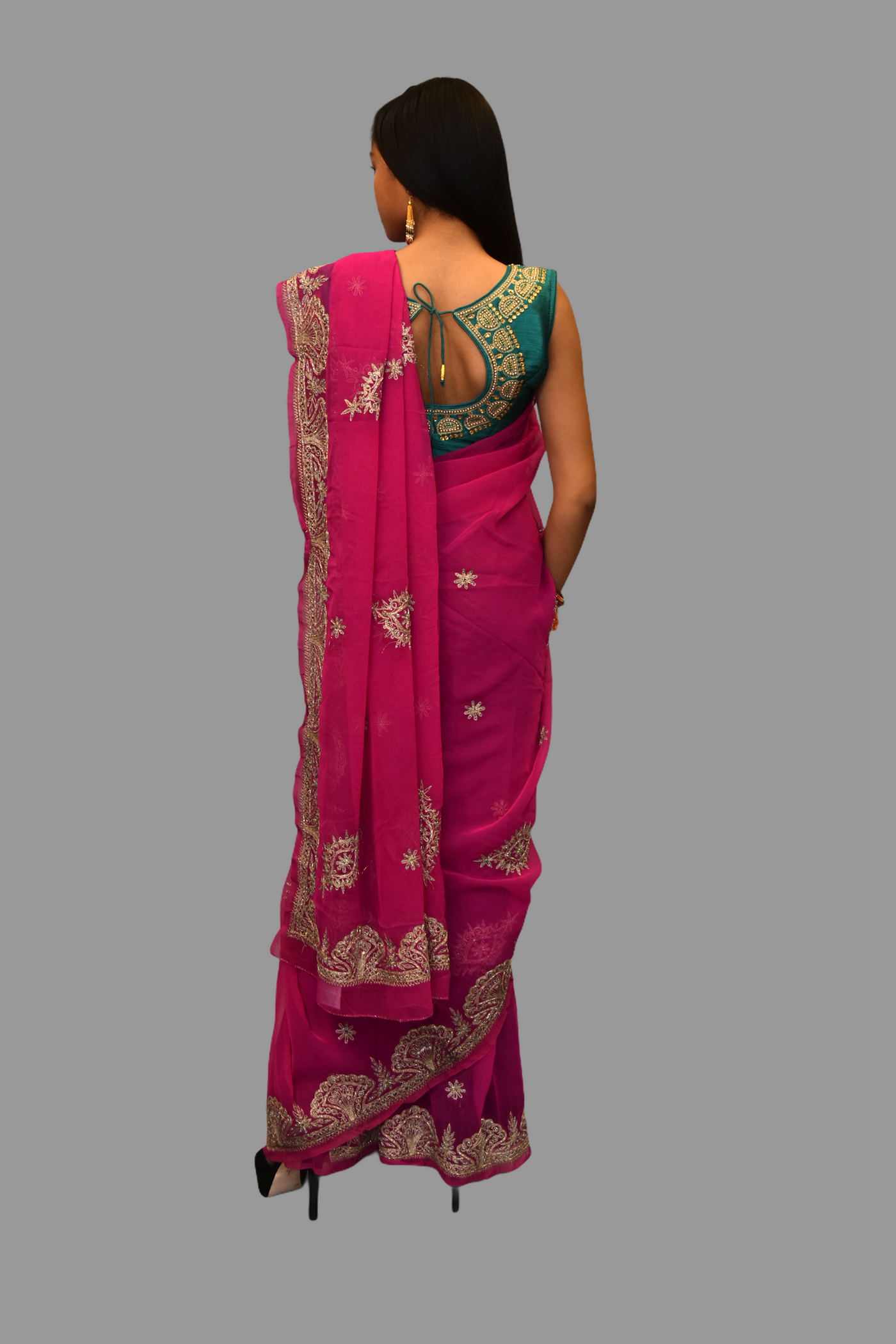 Fuschia Pink Saree in Organza with Green Blouse - Label Nitika - East  Boutique